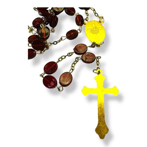 Vintage Rosary Necklace Red Flat Bead Prayer Beads Religious Collectible - Picture 3 of 5